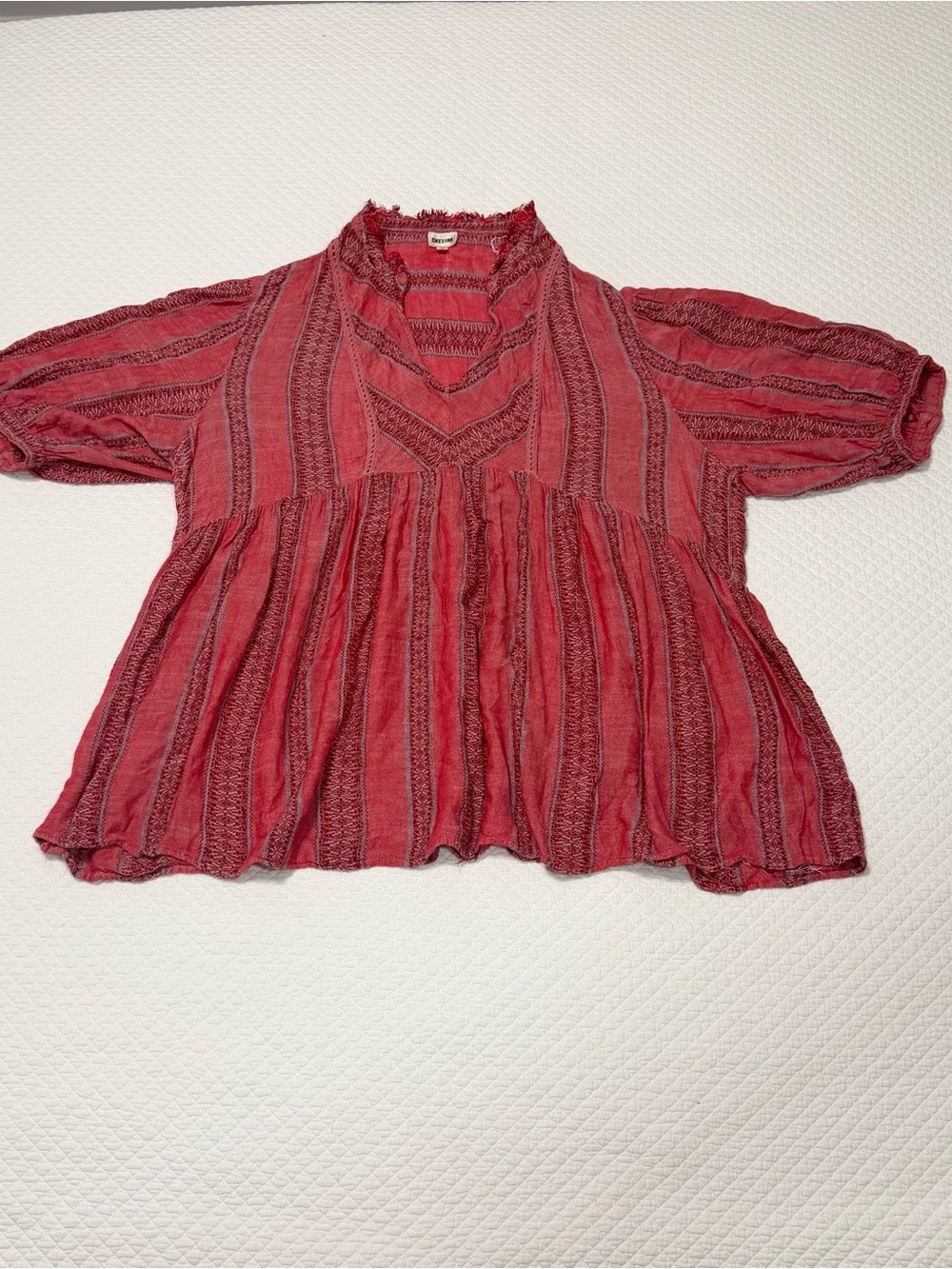 Textured Red V-Neck Tunic Top - Women's Relaxed Fit